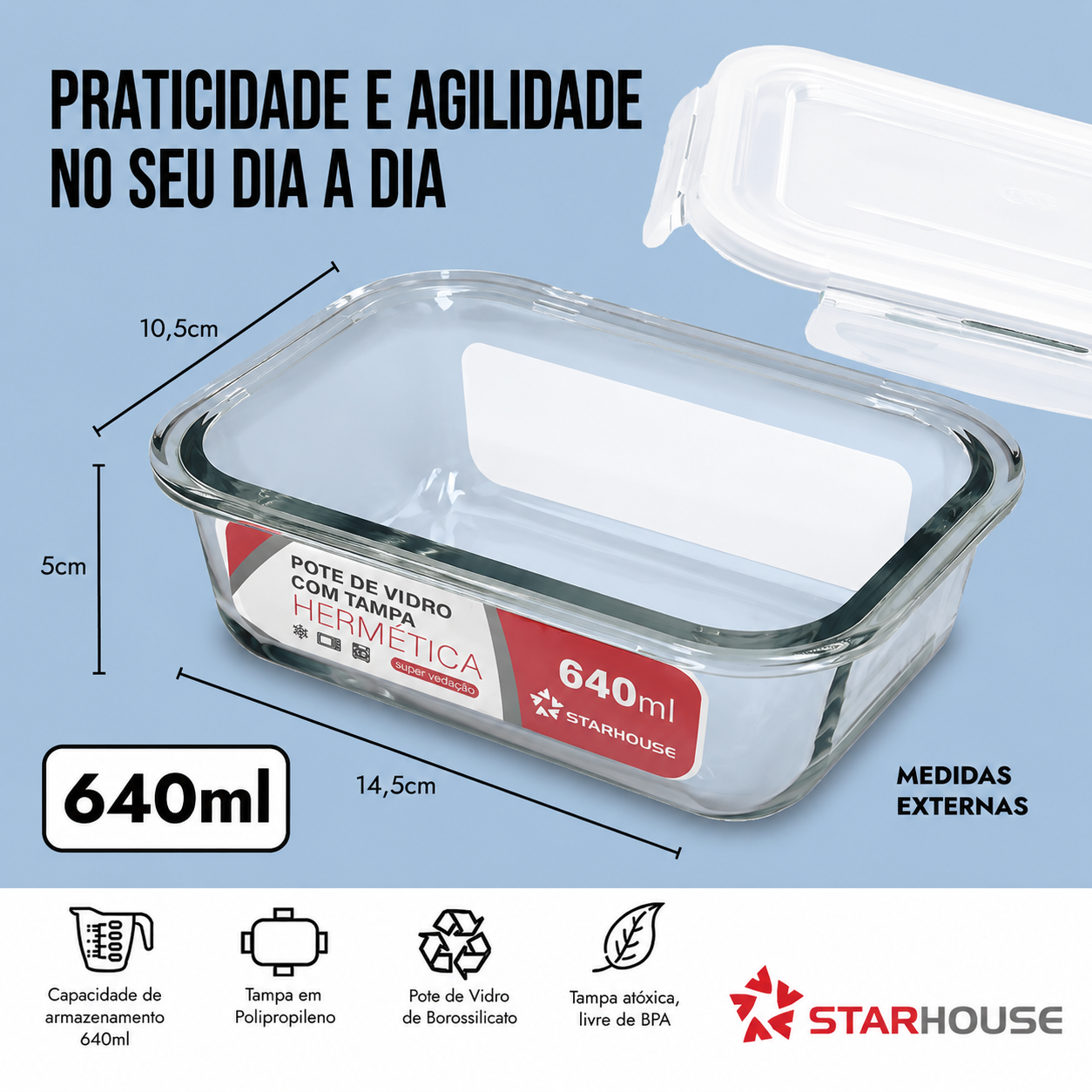 Kit 10 Potes Herméticos de Vidro 640ml 🥗 | Tampa Vedada Anti Vazamento | Vai ao Forno e Micro-ondas