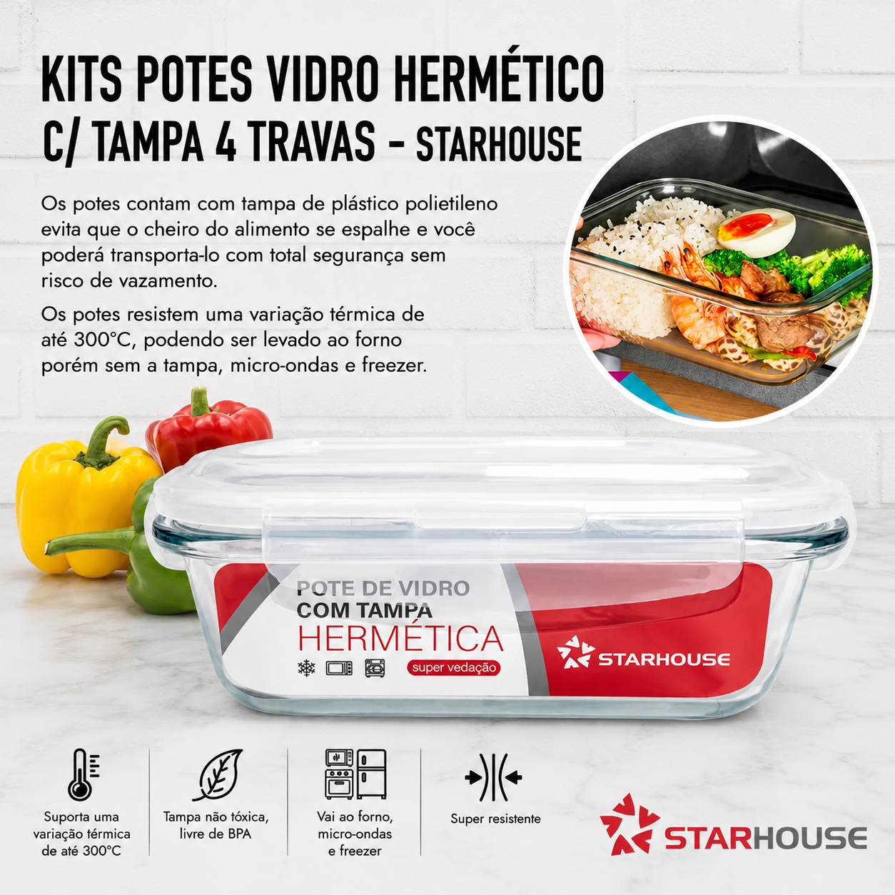 Kit 10 Potes Herméticos de Vidro 640ml 🥗 | Tampa Vedada Anti Vazamento | Vai ao Forno e Micro-ondas